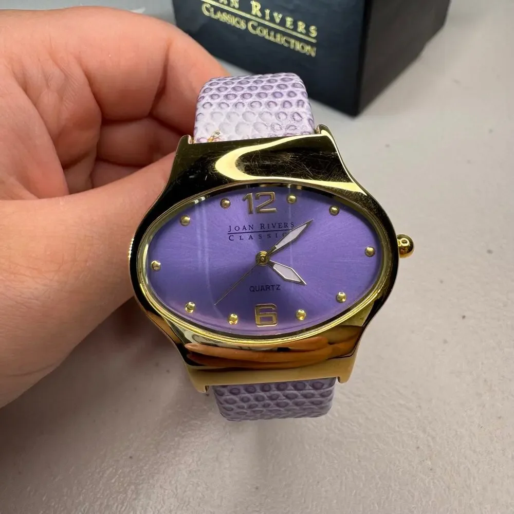 joan rivers classics purple leather cuff watch gold tone quartz box